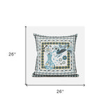 26" X 26" Blue and White Peacock Blown Seam Floral Indoor Outdoor Throw Pillow