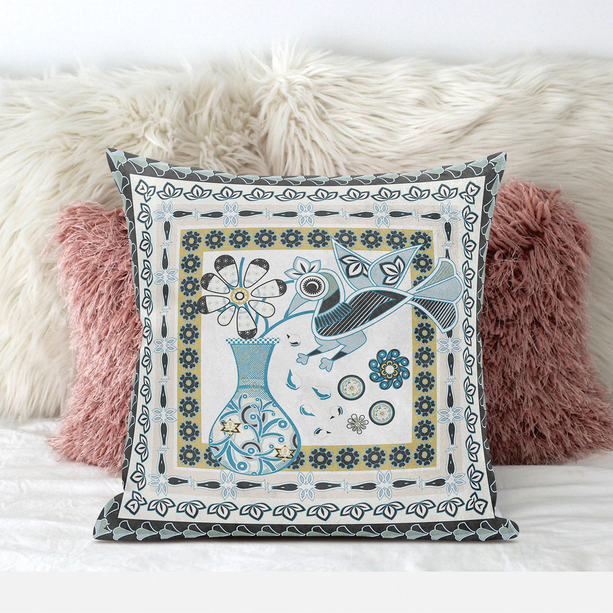 28" X 28" Blue and White Peacock Blown Seam Floral Indoor Outdoor Throw Pillow