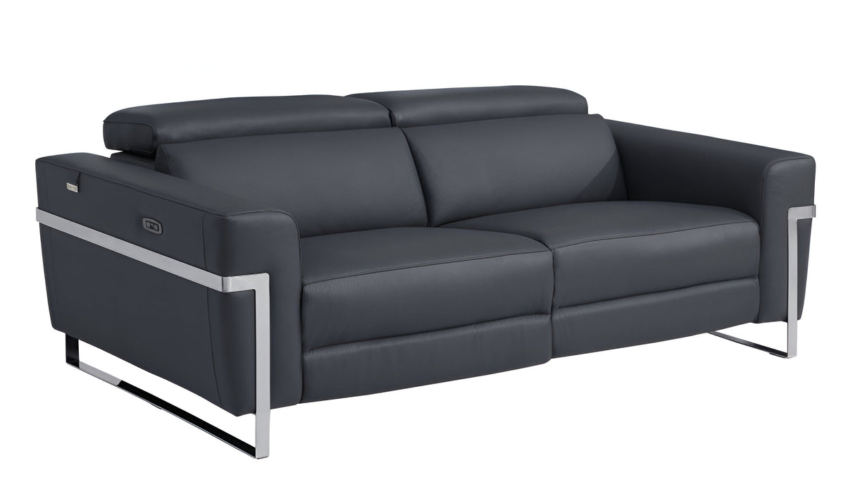 83" Dark Gray Italian Leather USB Reclining Sofa With Silver Legs