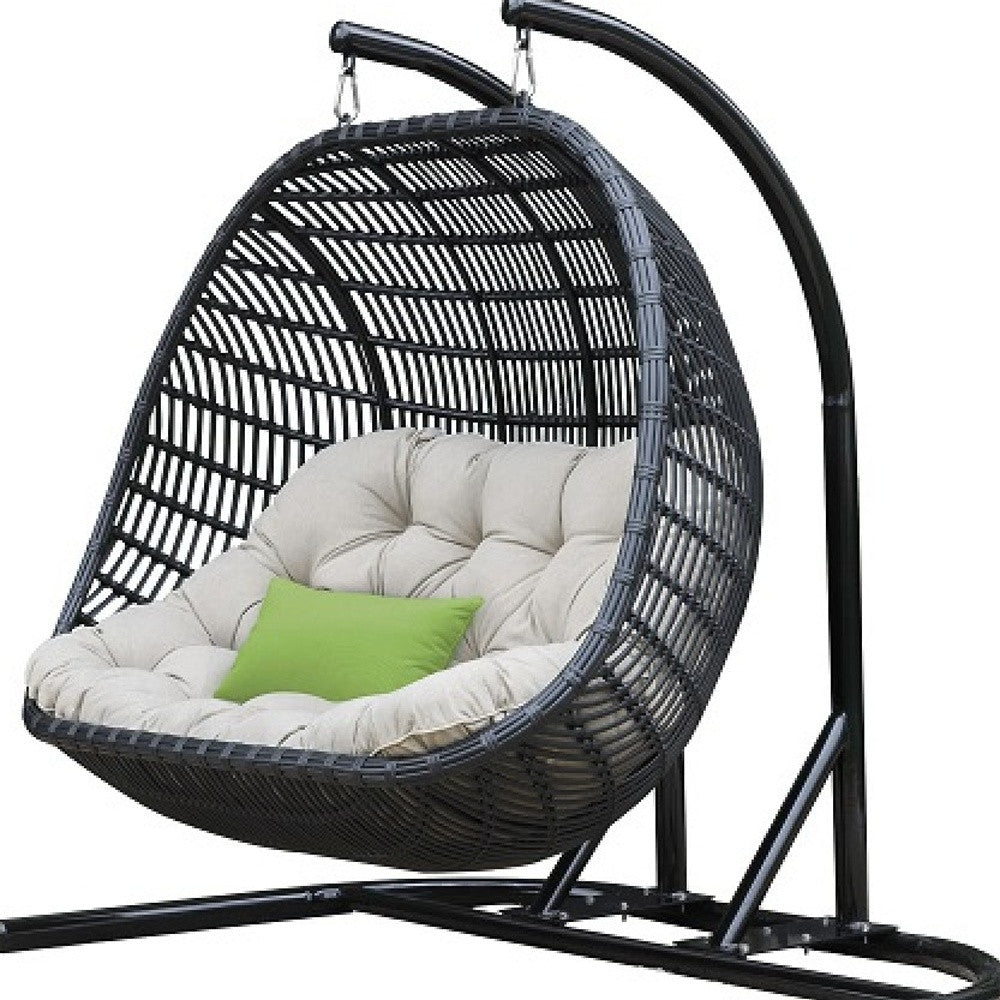 69" Beige and Black Aluminum Indoor Outdoor Swing Chair with Beige Cushion