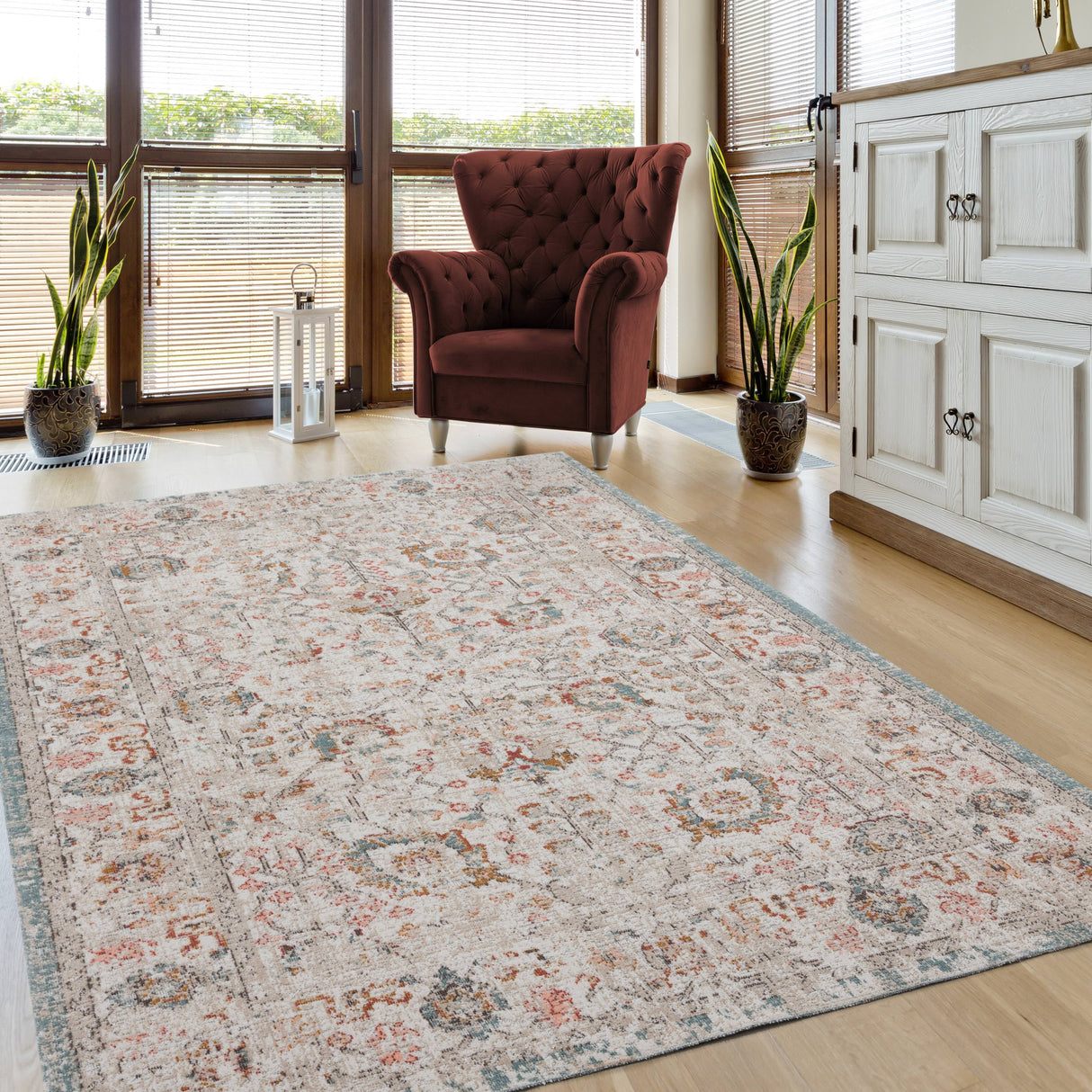 5' X 8' Beige Floral Stain Resistant Indoor Outdoor Area Rug