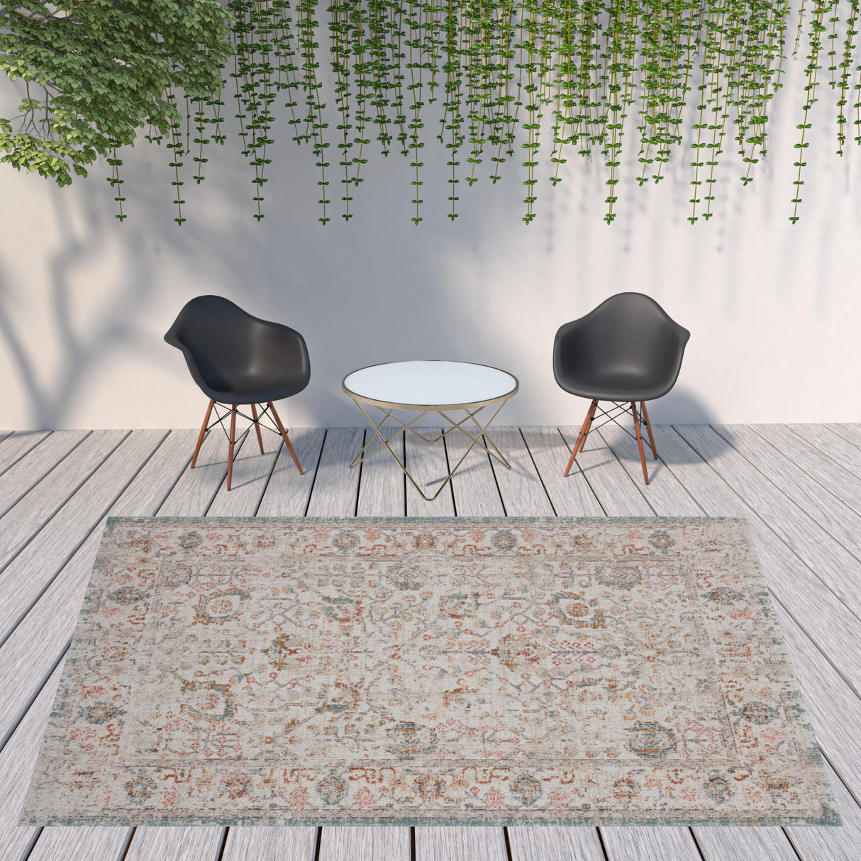 9' X 12' Beige Floral Stain Resistant Indoor Outdoor Area Rug