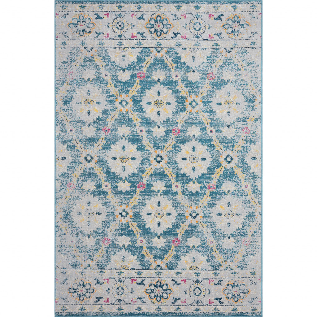 8' X 10' Blue And Gray Floral Stain Resistant Indoor Outdoor Area Rug