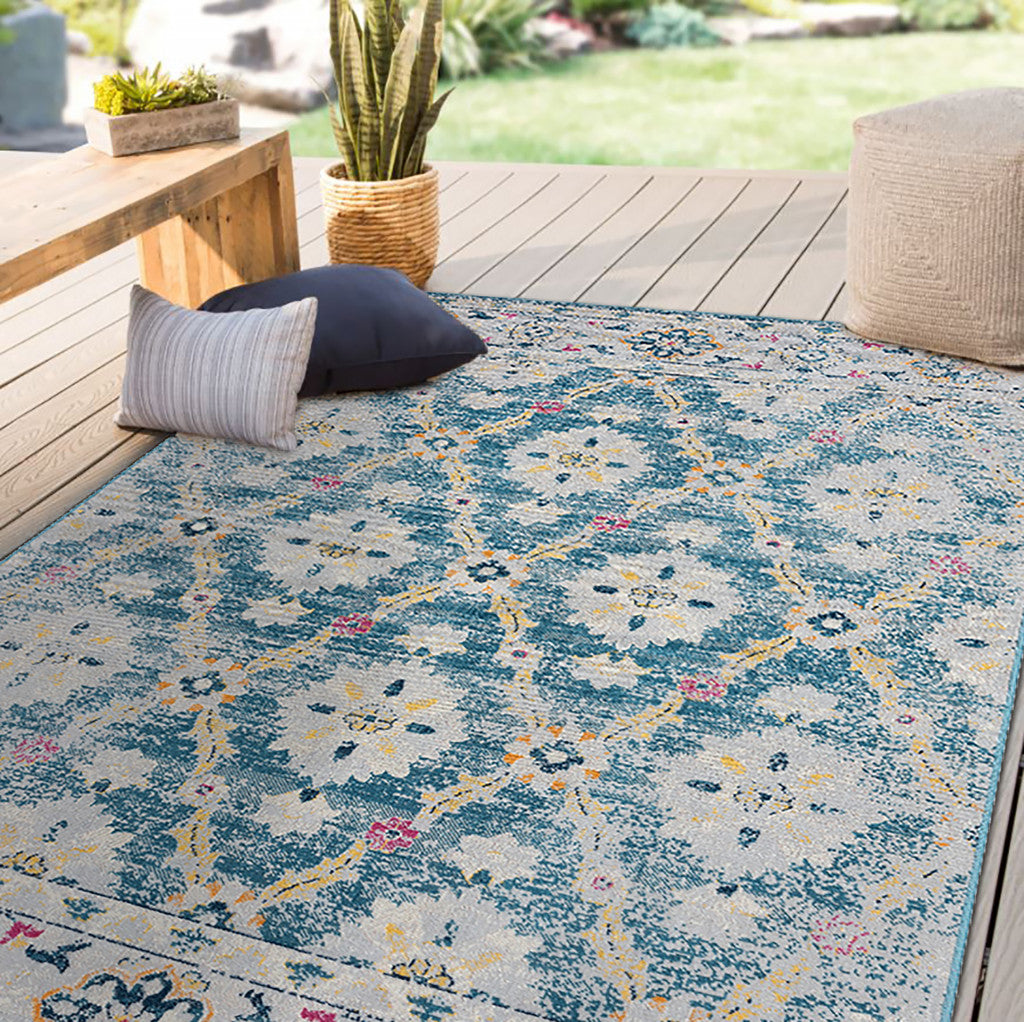 8' X 10' Blue And Gray Floral Stain Resistant Indoor Outdoor Area Rug