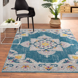 5' X 8' Blue And Ivory Floral Stain Resistant Indoor Outdoor Area Rug