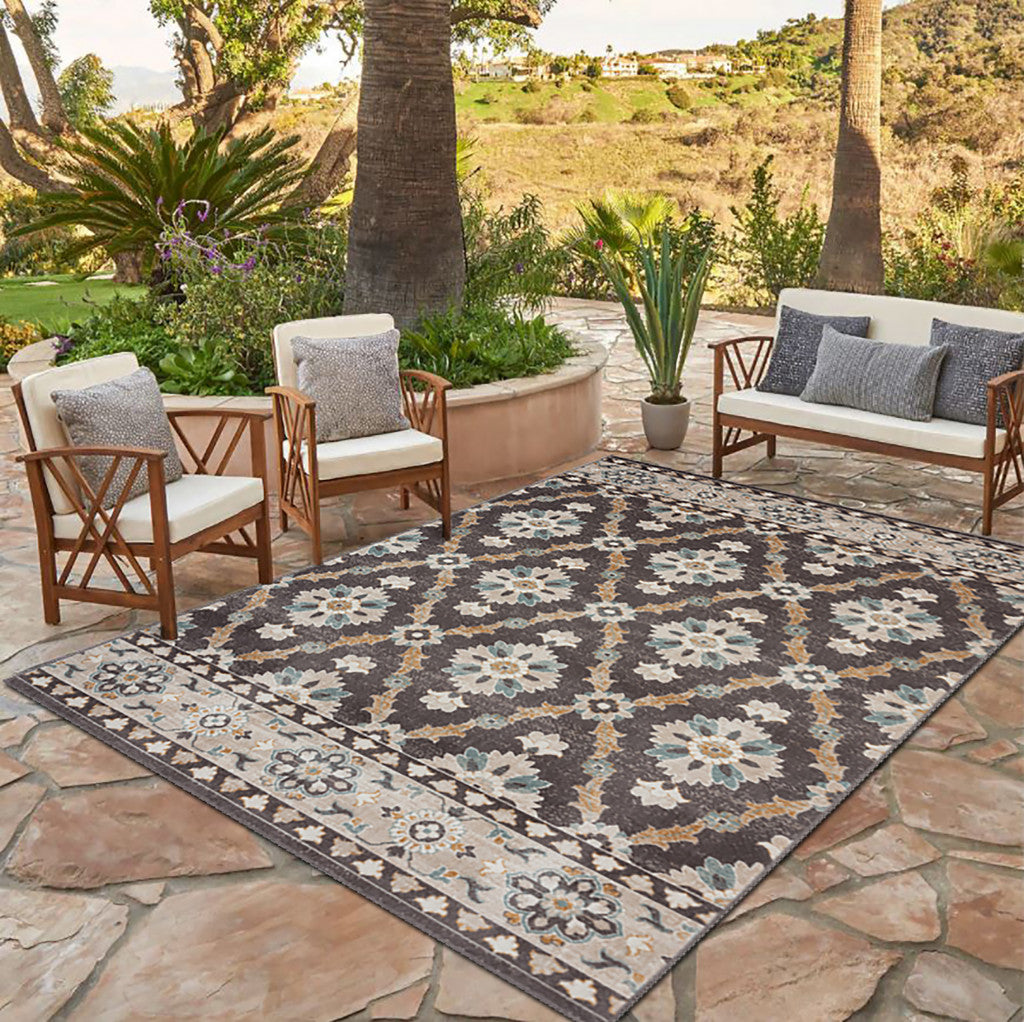 8' X 10' Brown Floral Stain Resistant Indoor Outdoor Area Rug