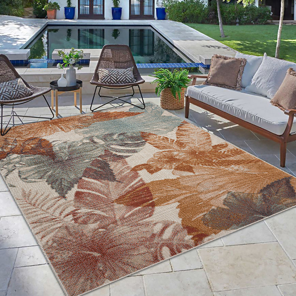 5' X 8' Cream Floral Stain Resistant Indoor Outdoor Area Rug