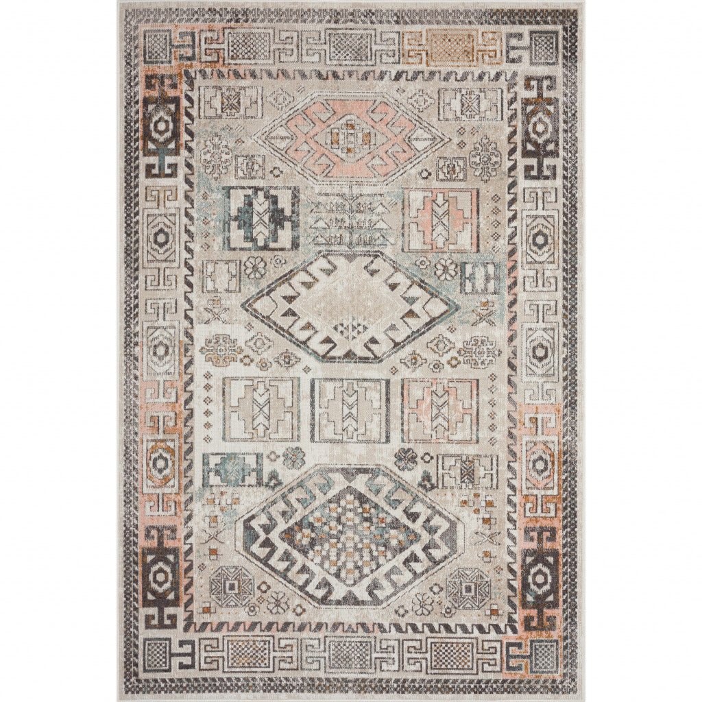 5' X 8' Cream Geometric Stain Resistant Indoor Outdoor Area Rug