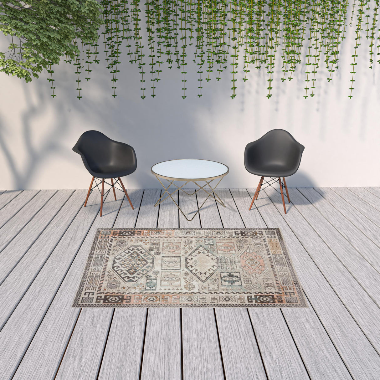 5' X 8' Cream Geometric Stain Resistant Indoor Outdoor Area Rug