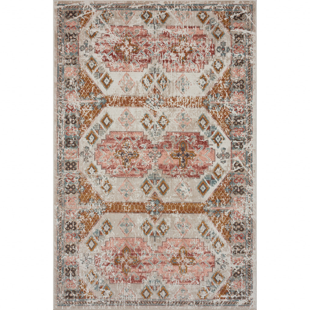 5' X 8' Cream Geometric Stain Resistant Indoor Outdoor Area Rug