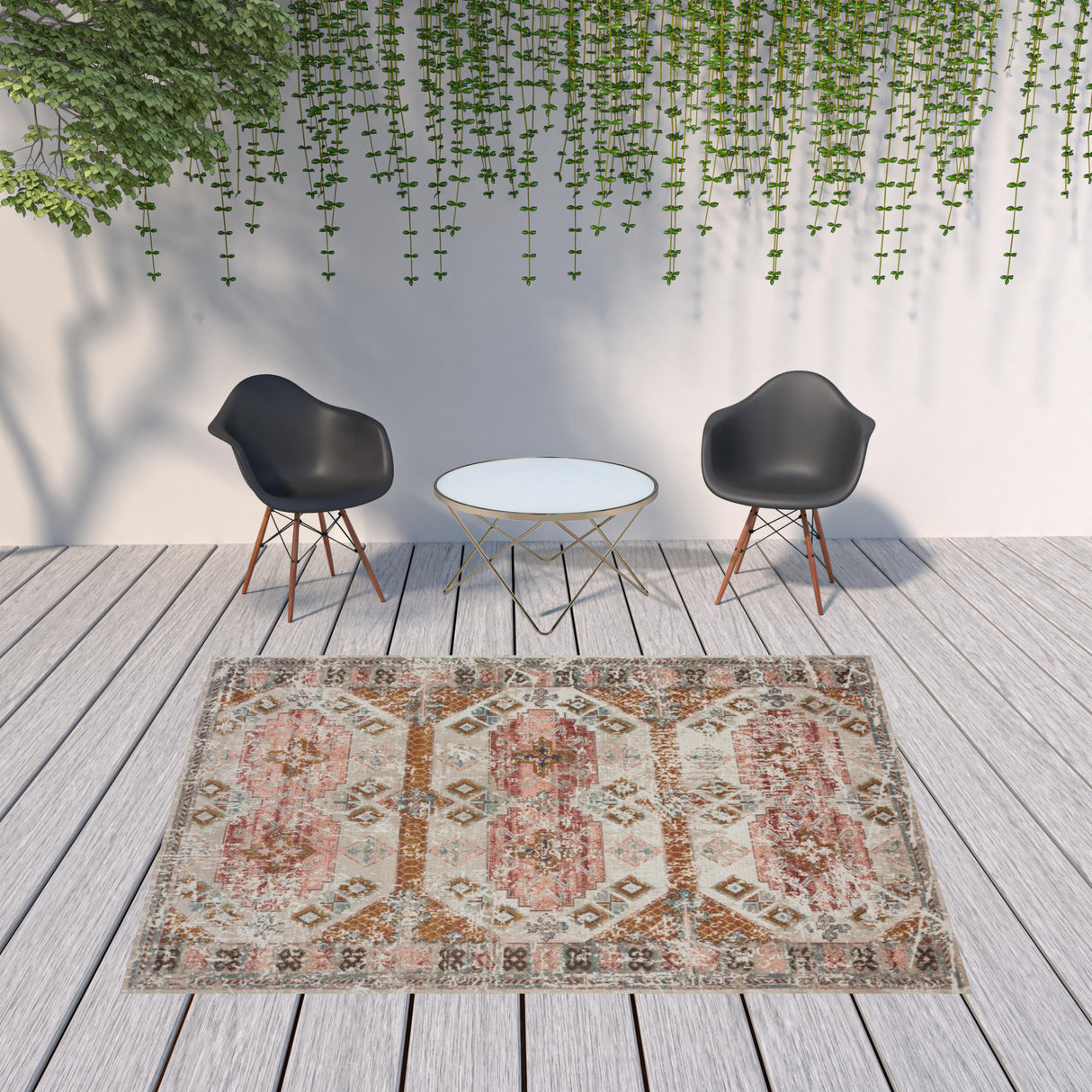 8' X 10' Cream Geometric Stain Resistant Indoor Outdoor Area Rug