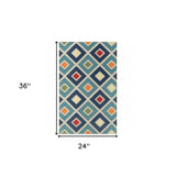 2' X 3' Blue And Ivory Geometric Stain Resistant Indoor Outdoor Area Rug