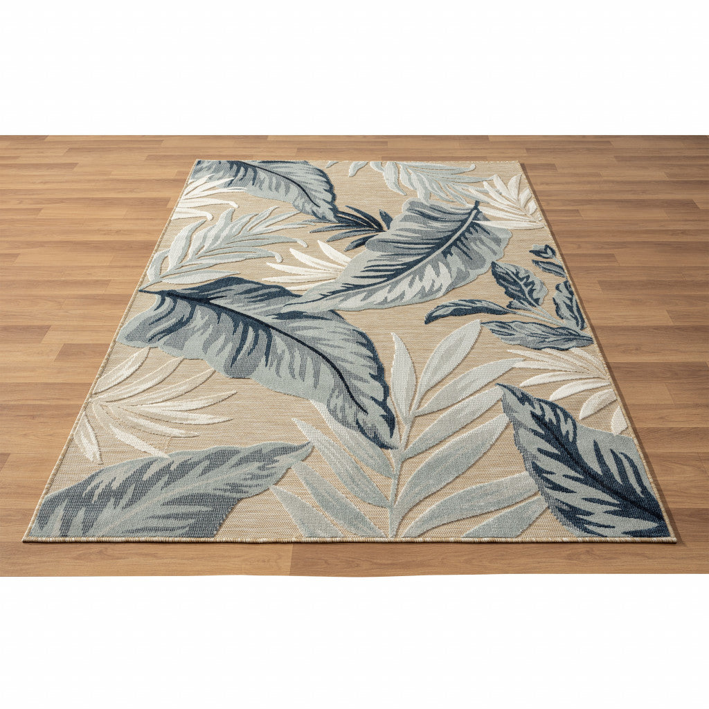 8' X 10' Blue And Beige Floral Stain Resistant Indoor Outdoor Area Rug