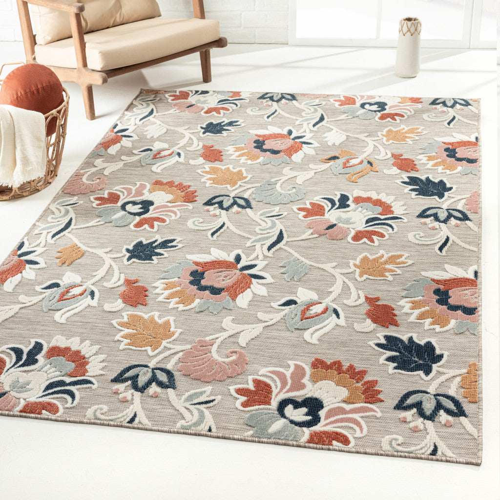 8' X 10' Blue And Gray Floral Stain Resistant Indoor Outdoor Area Rug