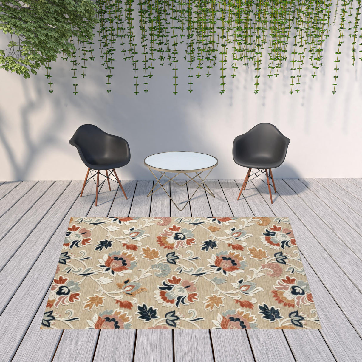 8' X 10' Blue And Beige Floral Stain Resistant Indoor Outdoor Area Rug