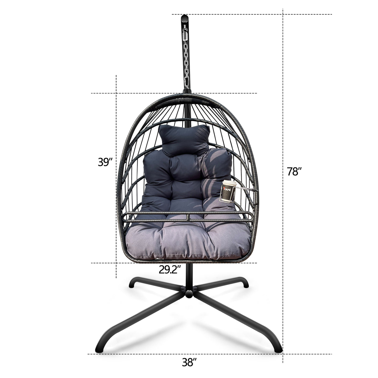 38" Slate Gray and Black Metal Indoor Outdoor Swing Chair with Slate Gray Cushion