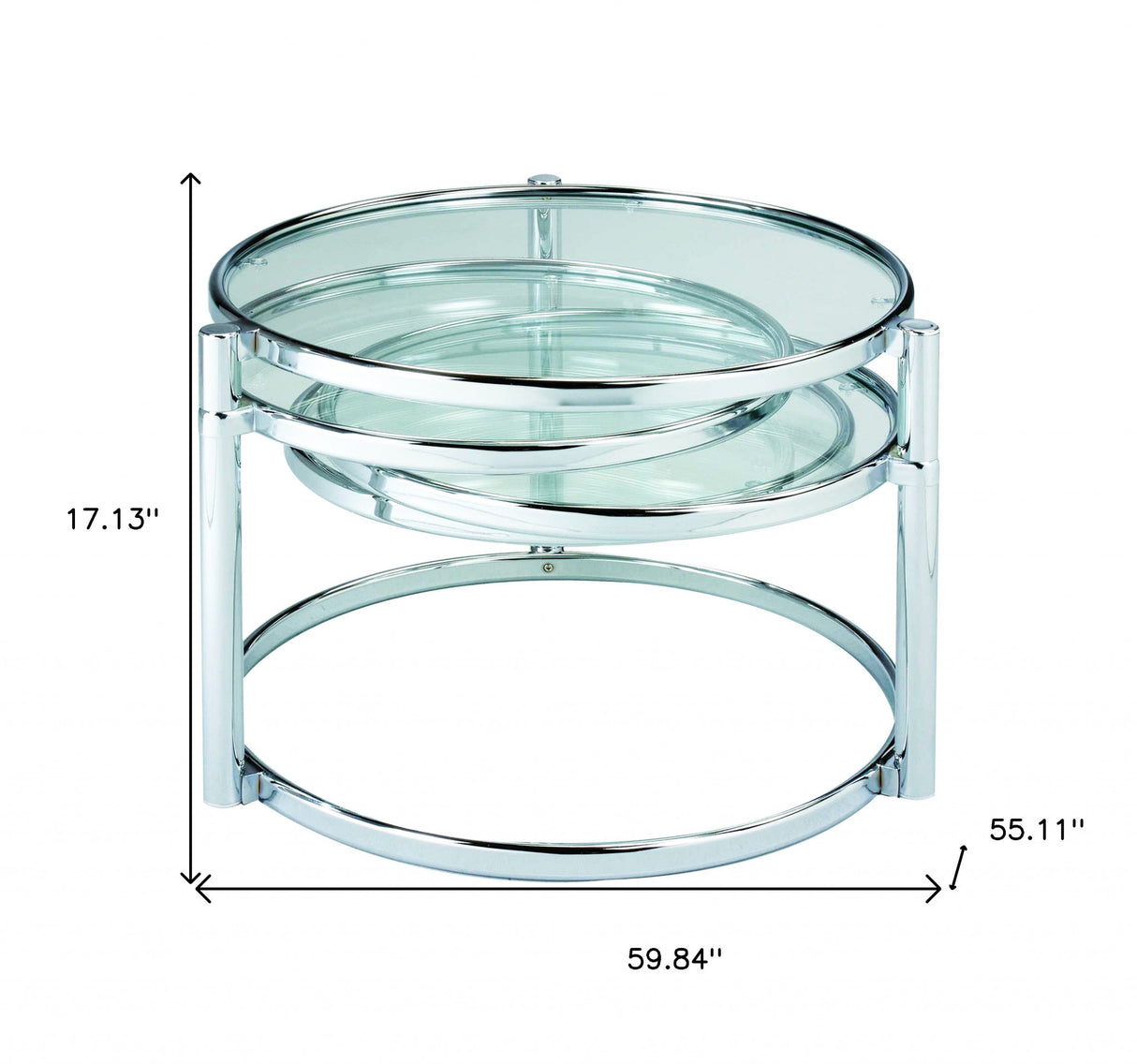 60" Chrome And Clear Glass Round Nested Coffee Tables With Three Shelves