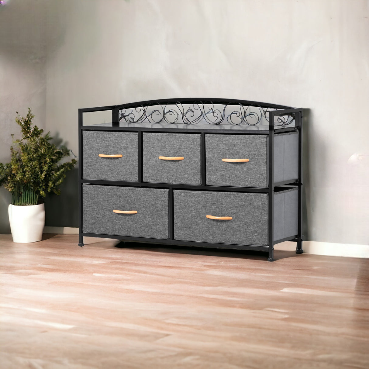 39" Gray and Black Steel and Fabric Five Drawer Combo Dresser