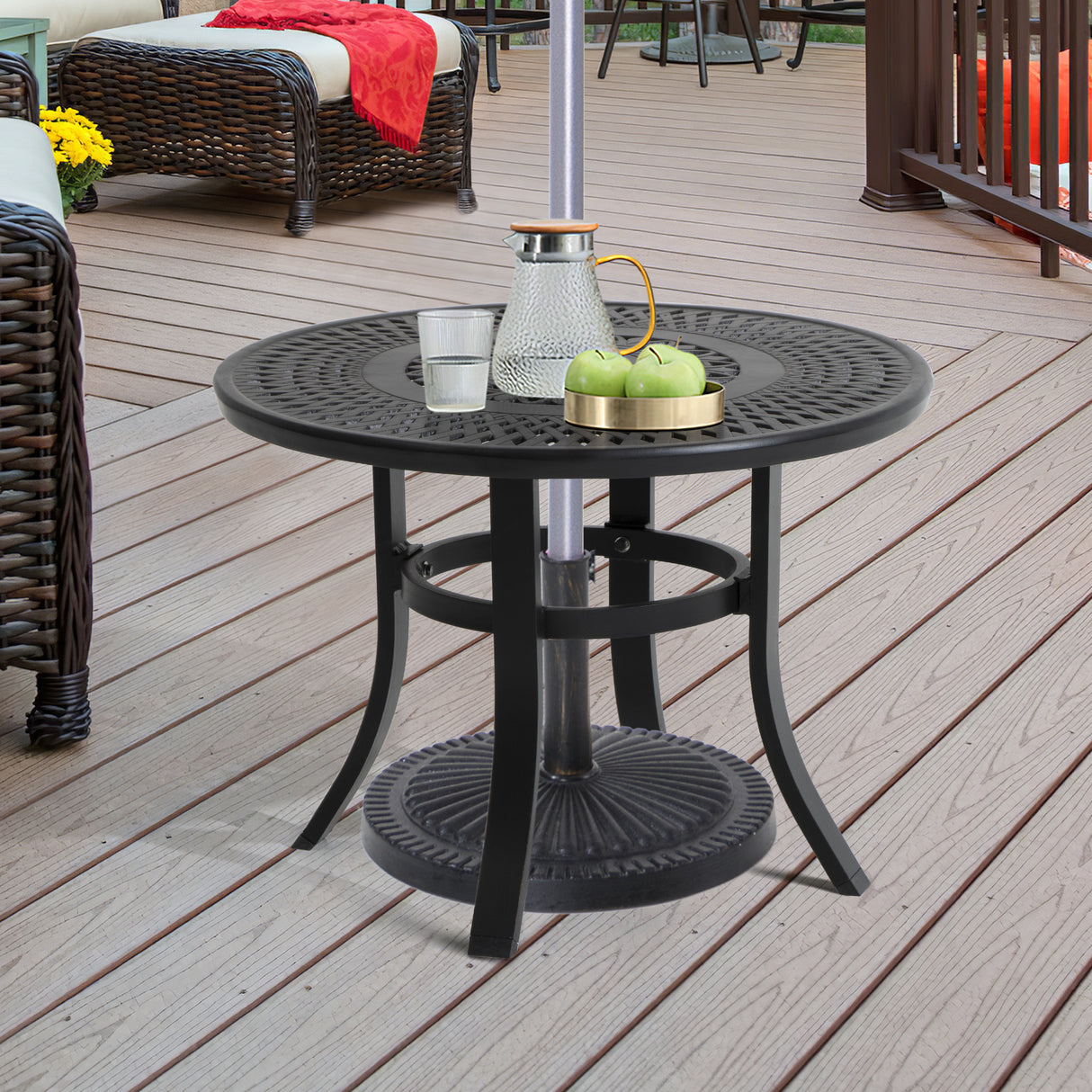 24" Black Rounded Metal Outdoor Bistro Table With Umbrella Hole
