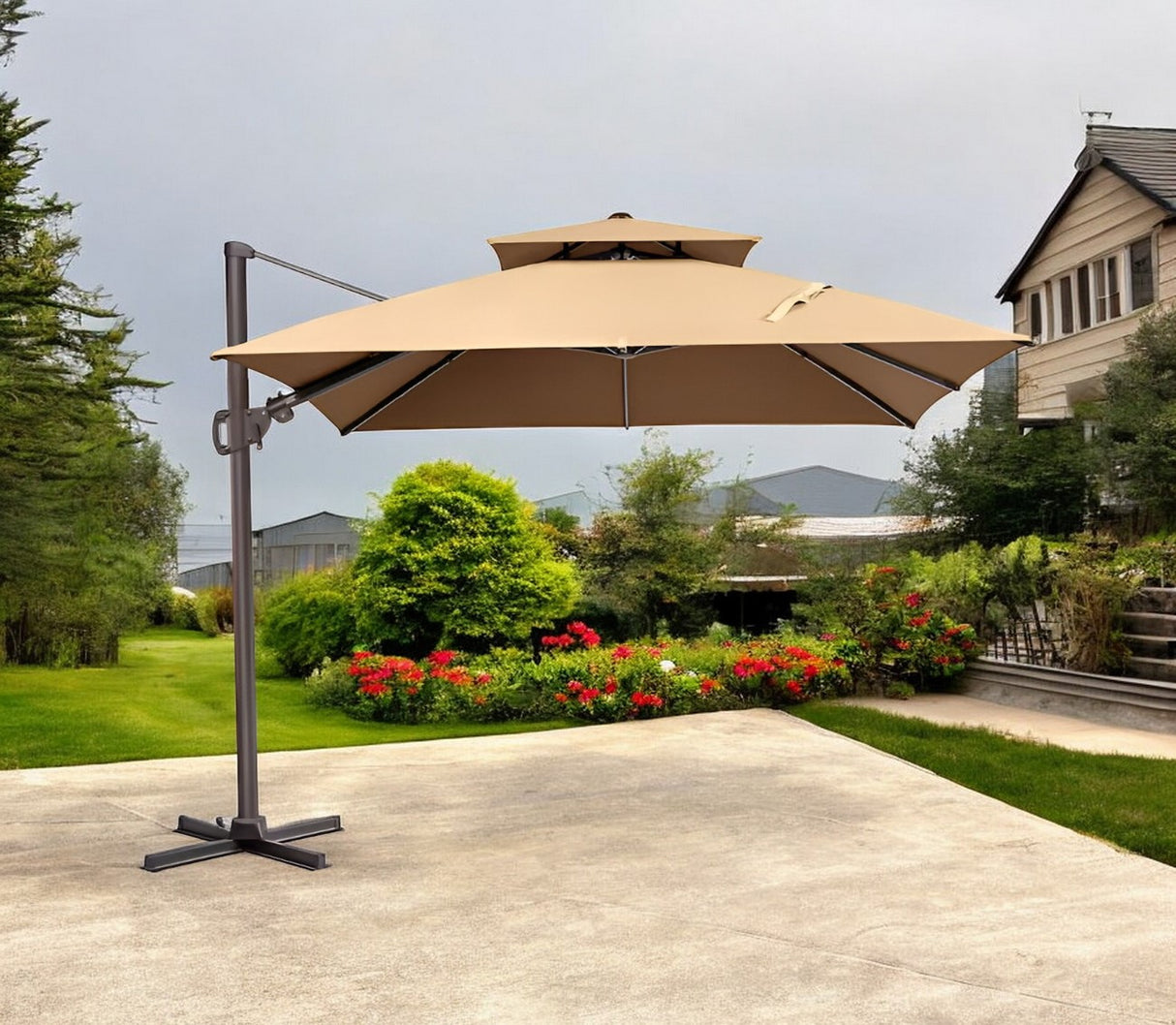 10' Tan Polyester Square Tilt Cantilever Patio Umbrella With Stand