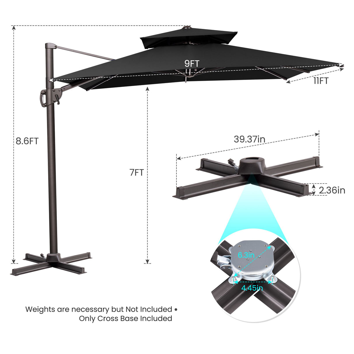 11' Black Polyester Round Tilt Cantilever Patio Umbrella With Stand