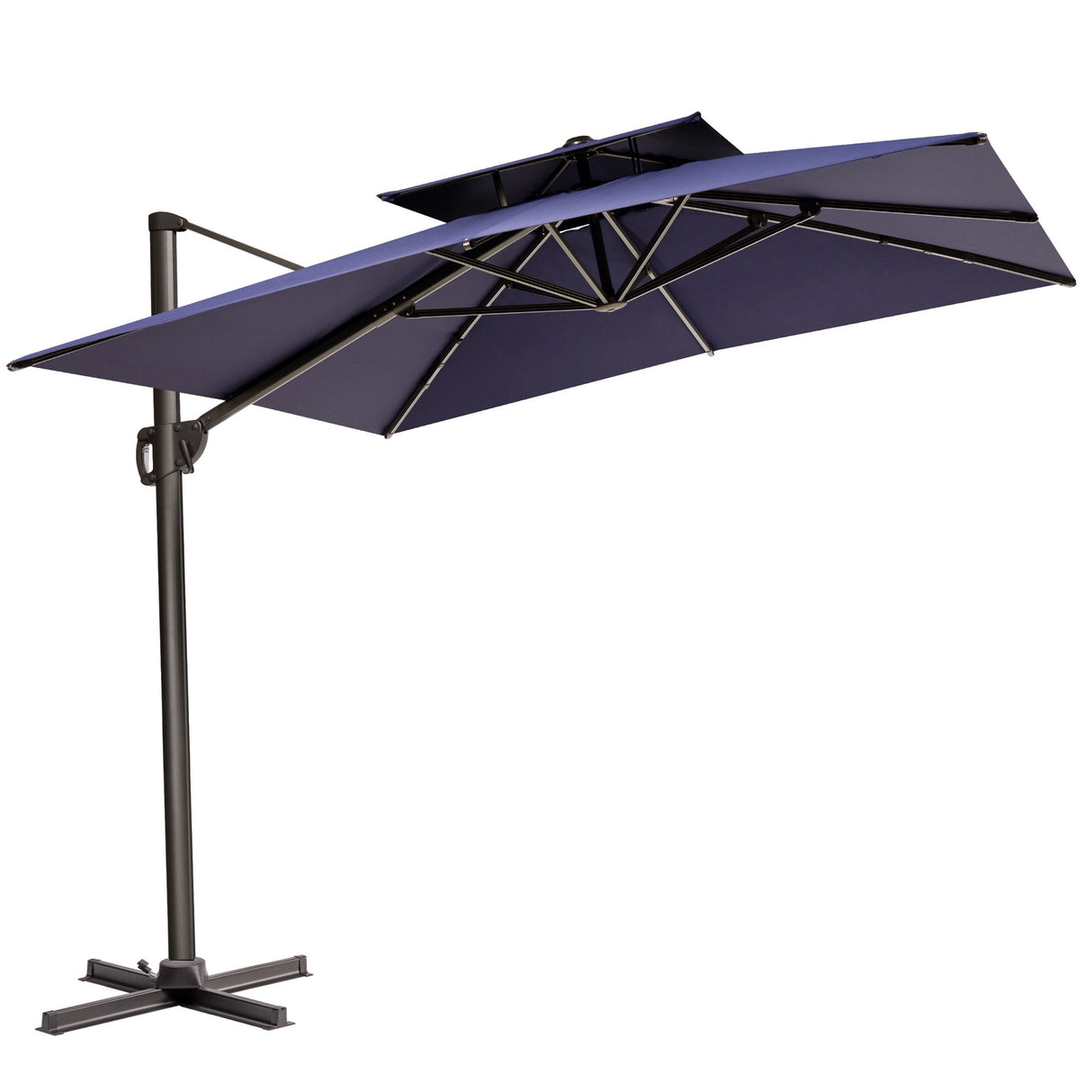 11' Navy Blue Polyester Round Tilt Cantilever Patio Umbrella With Stand