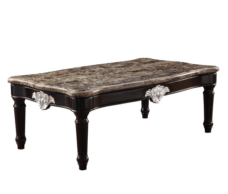 56" Brown And Black Faux Marble And Solid And Manufactured Wood Coffee Table