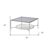 32" Chrome And Clear Glass Square Coffee Table With Shelf