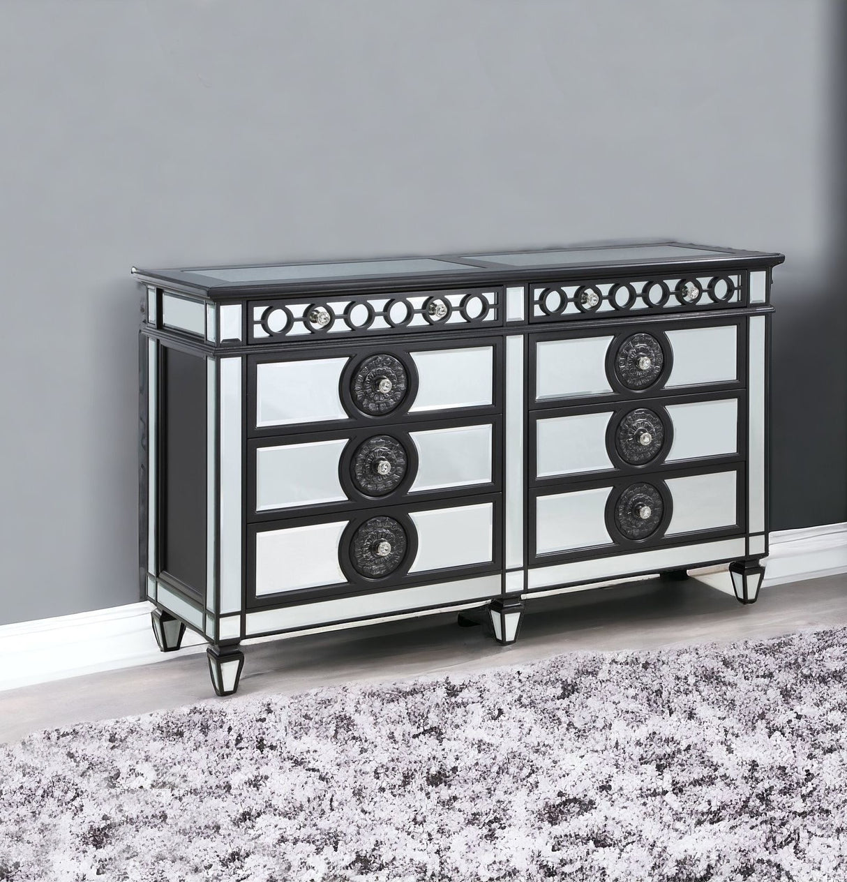 68" Black and Silver Solid and Manufactured Wood Mirrored Eight Drawer Double Dresser