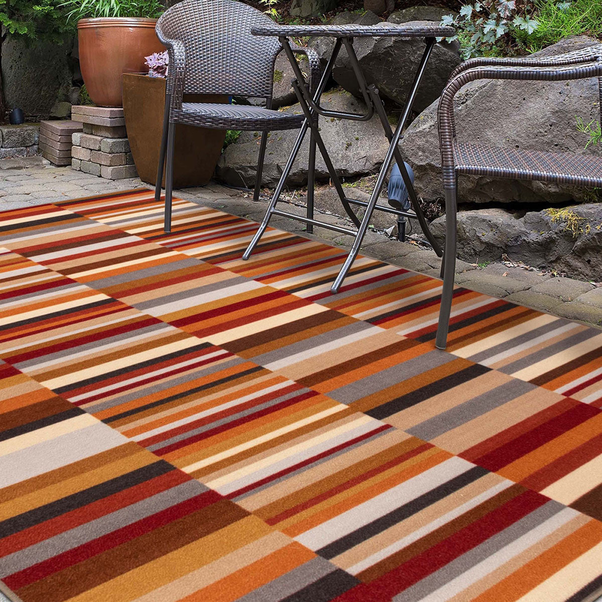 5' X 8' Taupe Striped Stain Resistant Non Skid Indoor Outdoor Area Rug