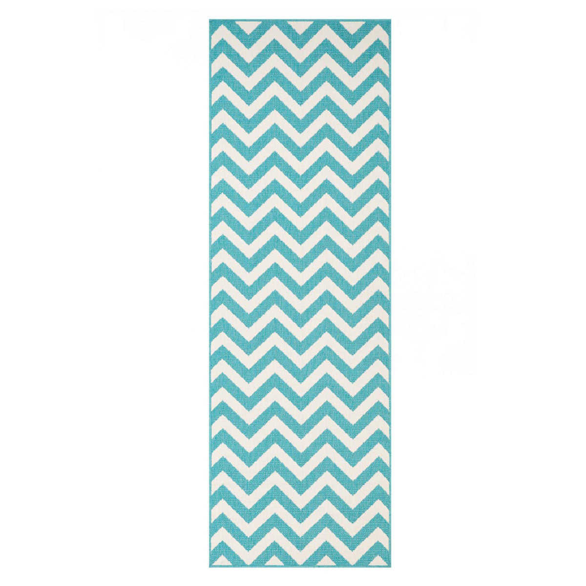 8' Runner Blue-Green/Cream Chevron Stain Resistant Indoor Outdoor Runner Rug