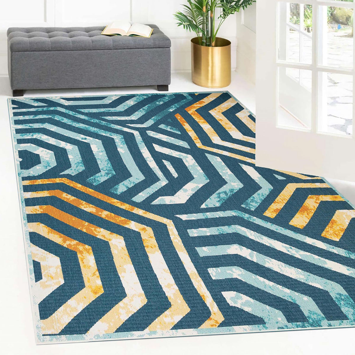 5' X 8' Navy Blue- Cream Geometric Stain Resistant Indoor Outdoor Area Rug