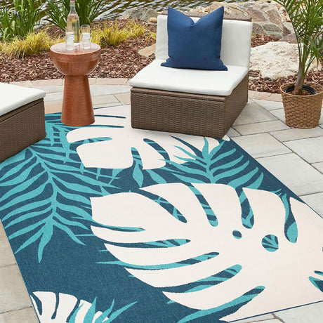 5' X 8' Blue Green Cream Geometric Stain Resistant Indoor Outdoor Area Rug