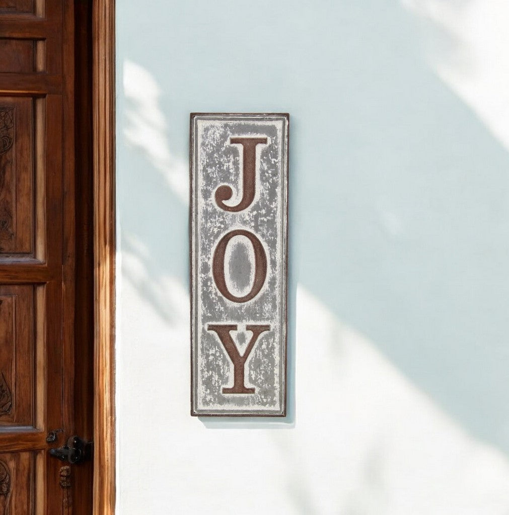 19" X 6" Gray and Brown Handcrafted Joy Metal Wall Decor