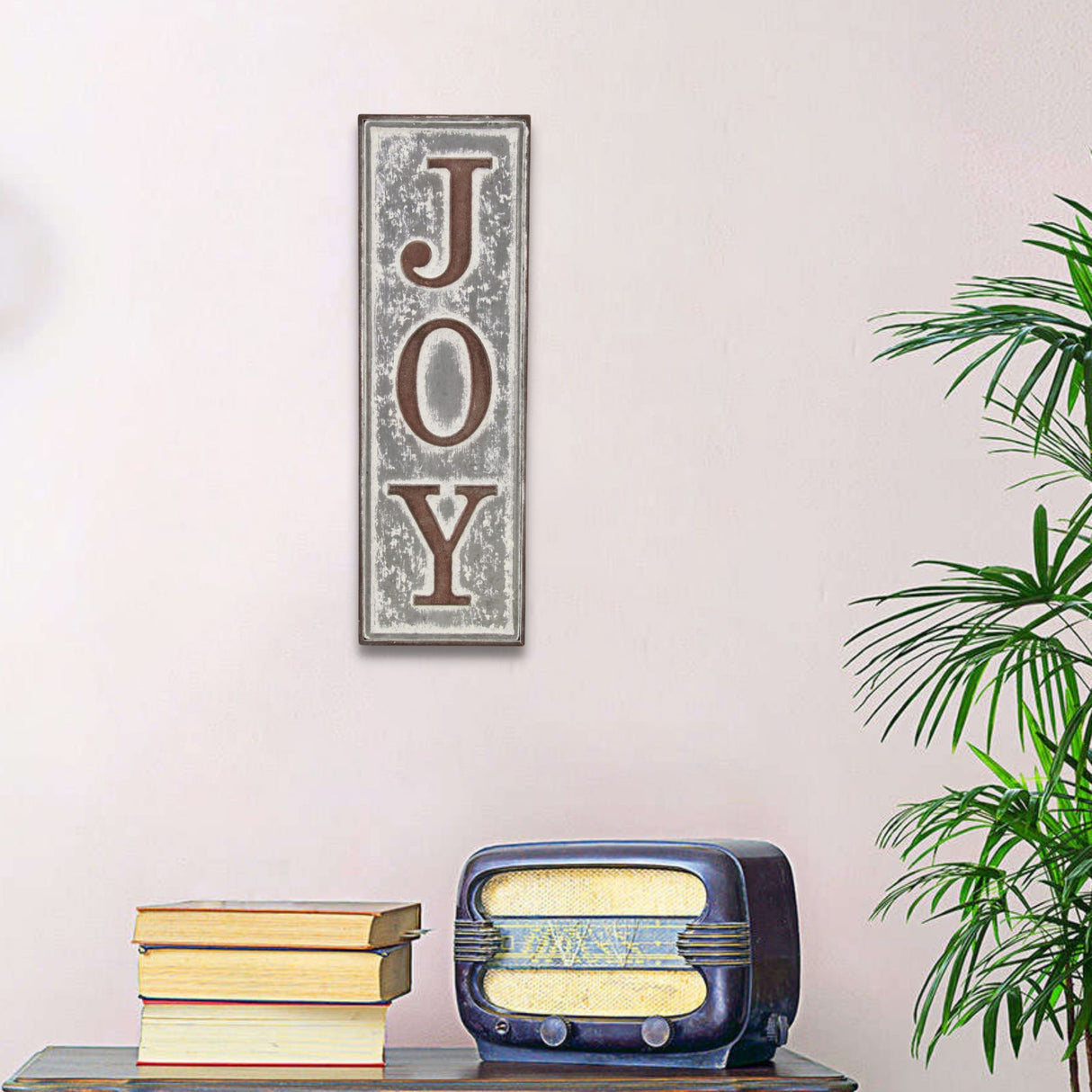 19" X 6" Gray and Brown Handcrafted Joy Metal Wall Decor