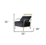 25" Black Velvet And Gold Solid Color Arm Chair