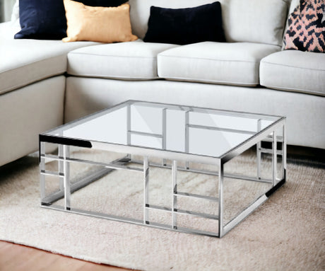 40" Silver And Clear Glass Square Coffee Table