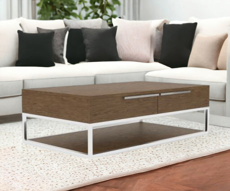 47" Silver And Walnut Rectangular Coffee Table With Two Drawers And Shelf