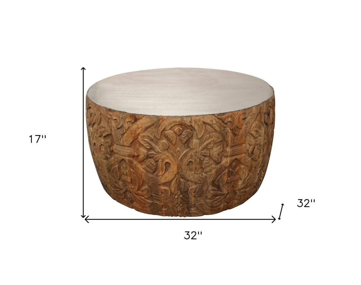 32" Natural Brown And White Wash Hand Carved Wood Round Coffee Table