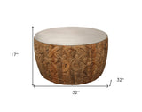 32" Natural Brown And White Wash Hand Carved Wood Round Coffee Table
