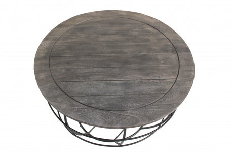 32" Gray Wash Solid Wood and Cast Iron Round Distressed Coffee Table