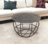 32" Gray Wash Solid Wood and Cast Iron Round Distressed Coffee Table