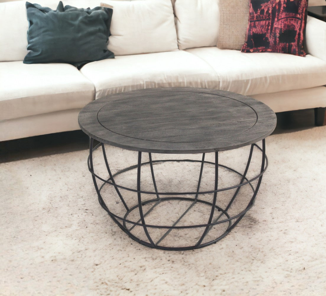 32" Gray Wash Solid Wood and Cast Iron Round Distressed Coffee Table