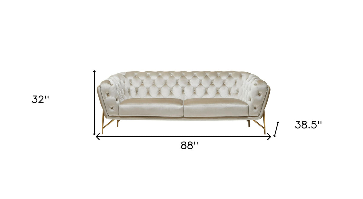 88" Beige Velvet Sofa With Gold Legs