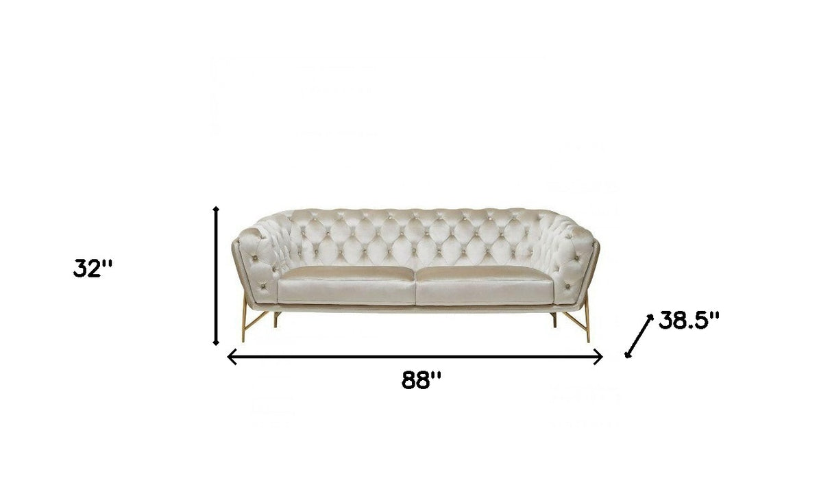 88" Beige Velvet Chesterfield Sofa With Gold Legs