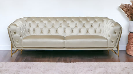 88" Beige Velvet Chesterfield Sofa With Gold Legs