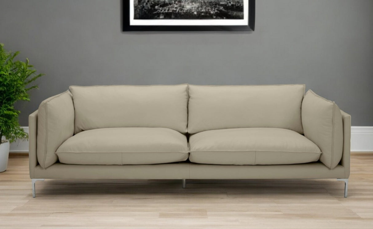 96" Taupe Leather Sofa With Silver Legs