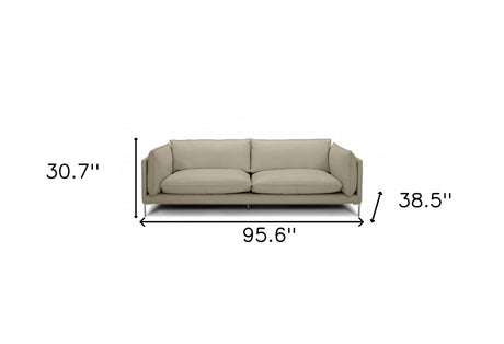 96" Taupe Top Grain Leather Sofa With Silver Legs