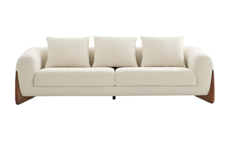 100" Cream Fabric Sofa With Wood Brown Legs