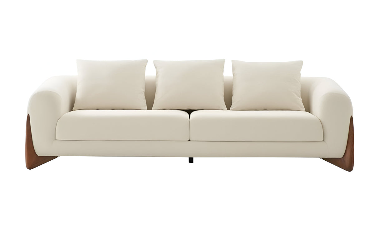 100" Cream Fabric Sofa With Wood Brown Legs